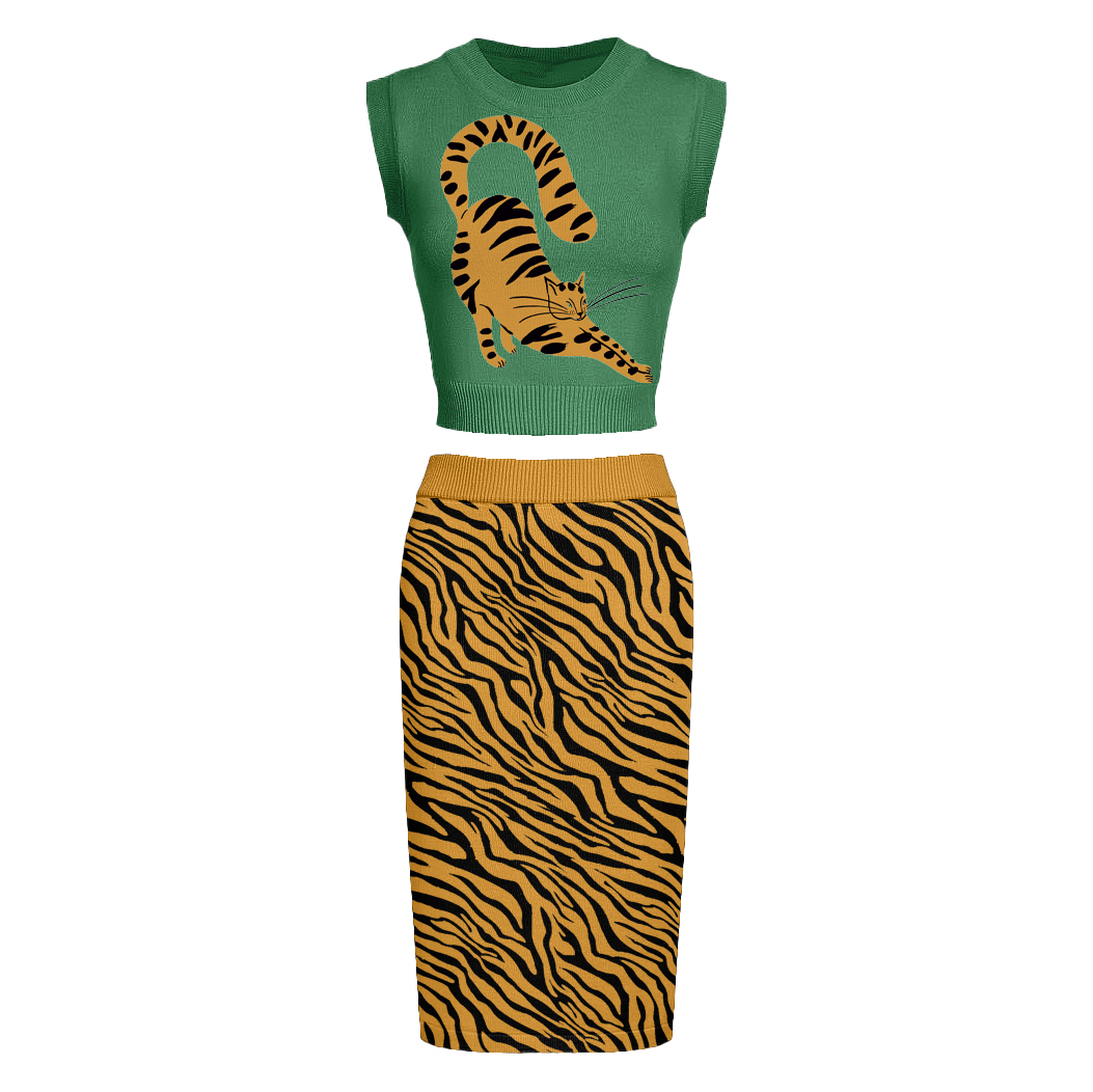 Women's green cat jacquard knit vest skirt suit-Designed by Agathe Singer