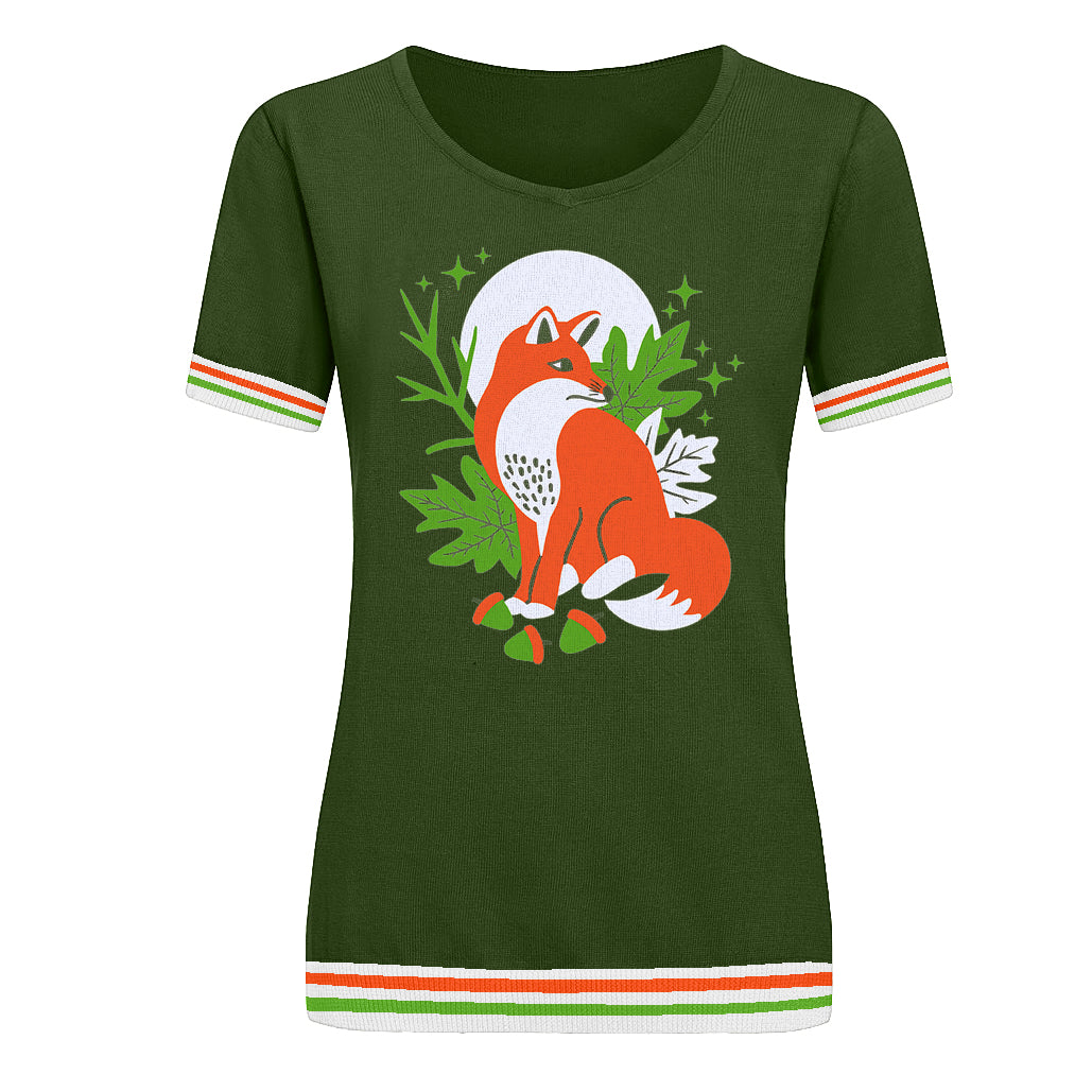 Women's Green Fox jacquard knit T-shirt-Designed by Jessica Molina