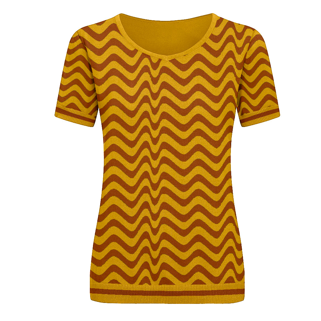 Women's yellow vintage ripple-striped knit T-shirt