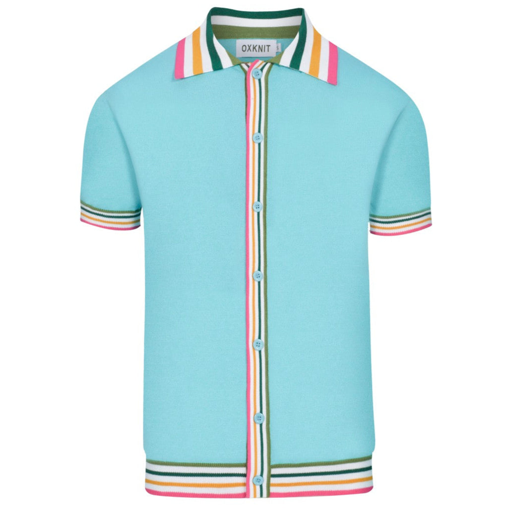 Cardigan da uomo in collage a righe color celeste