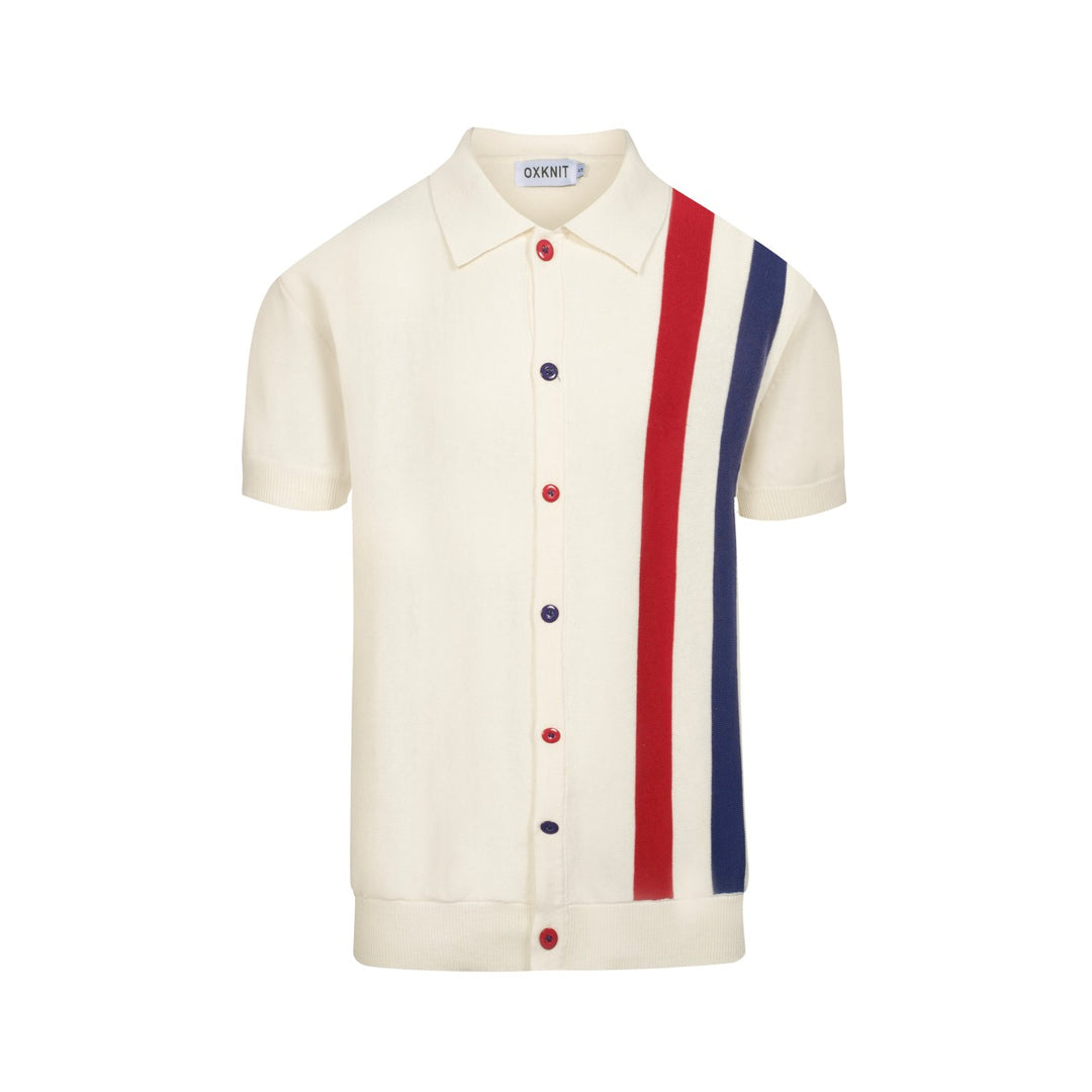 Terno masculino com shorts e cardigã listrado branco