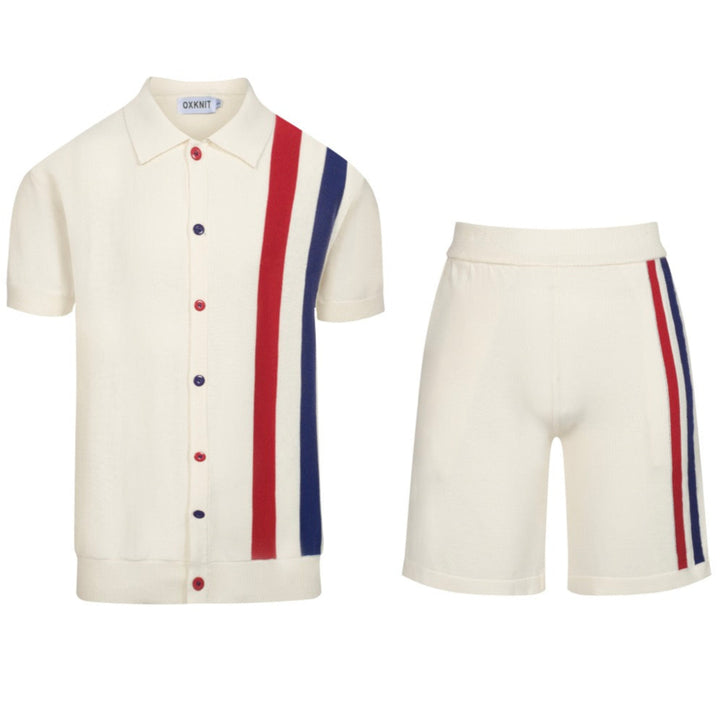 Terno masculino com shorts e cardigã listrado branco