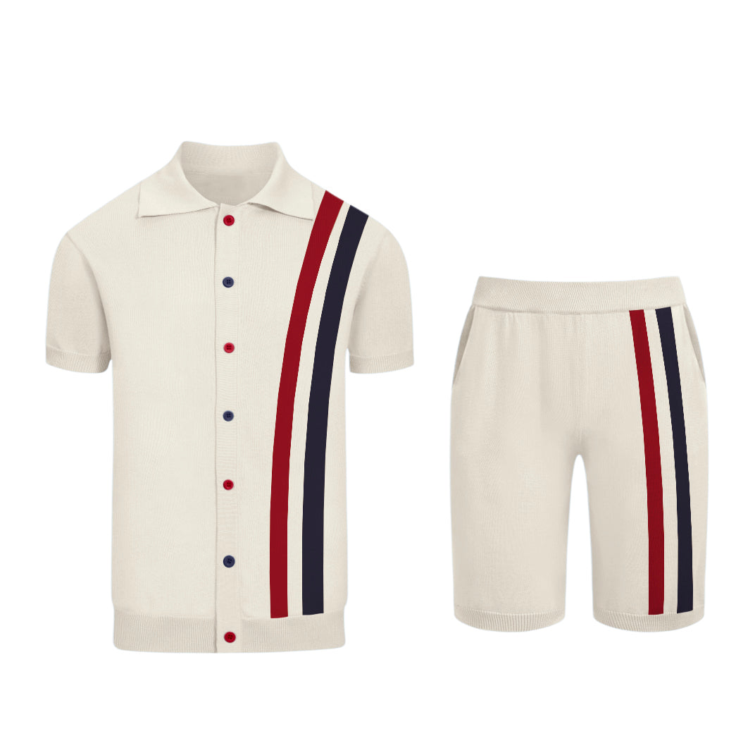 Men's white striped cardigan shorts suit