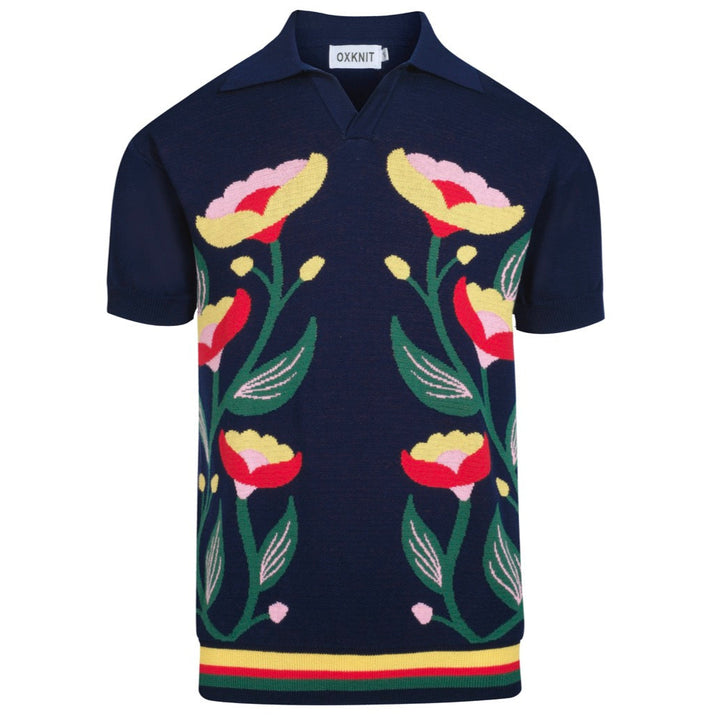 Marina para hombres Jacquard Polo de punto de punto en V de cuello en V -diseñado por Jessica Molina