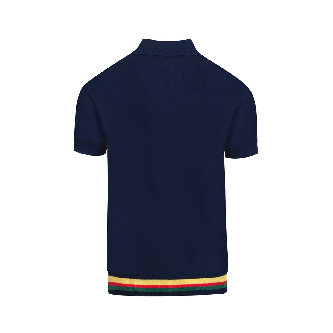 Navy jacquard strikket poloskjorte for menn - Designet av Jessica Molina