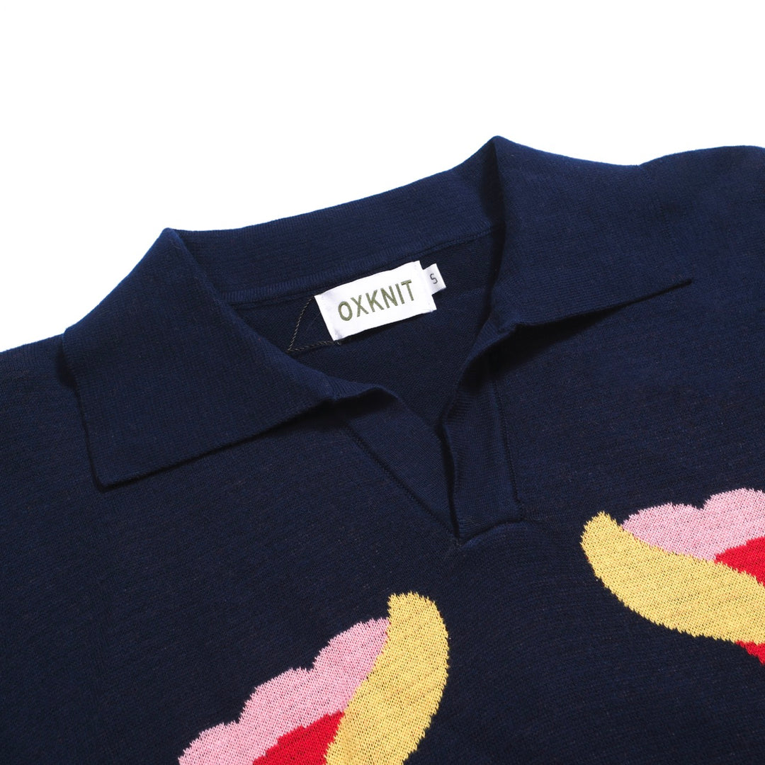 Navy jacquard strikket poloskjorte for menn - Designet av Jessica Molina