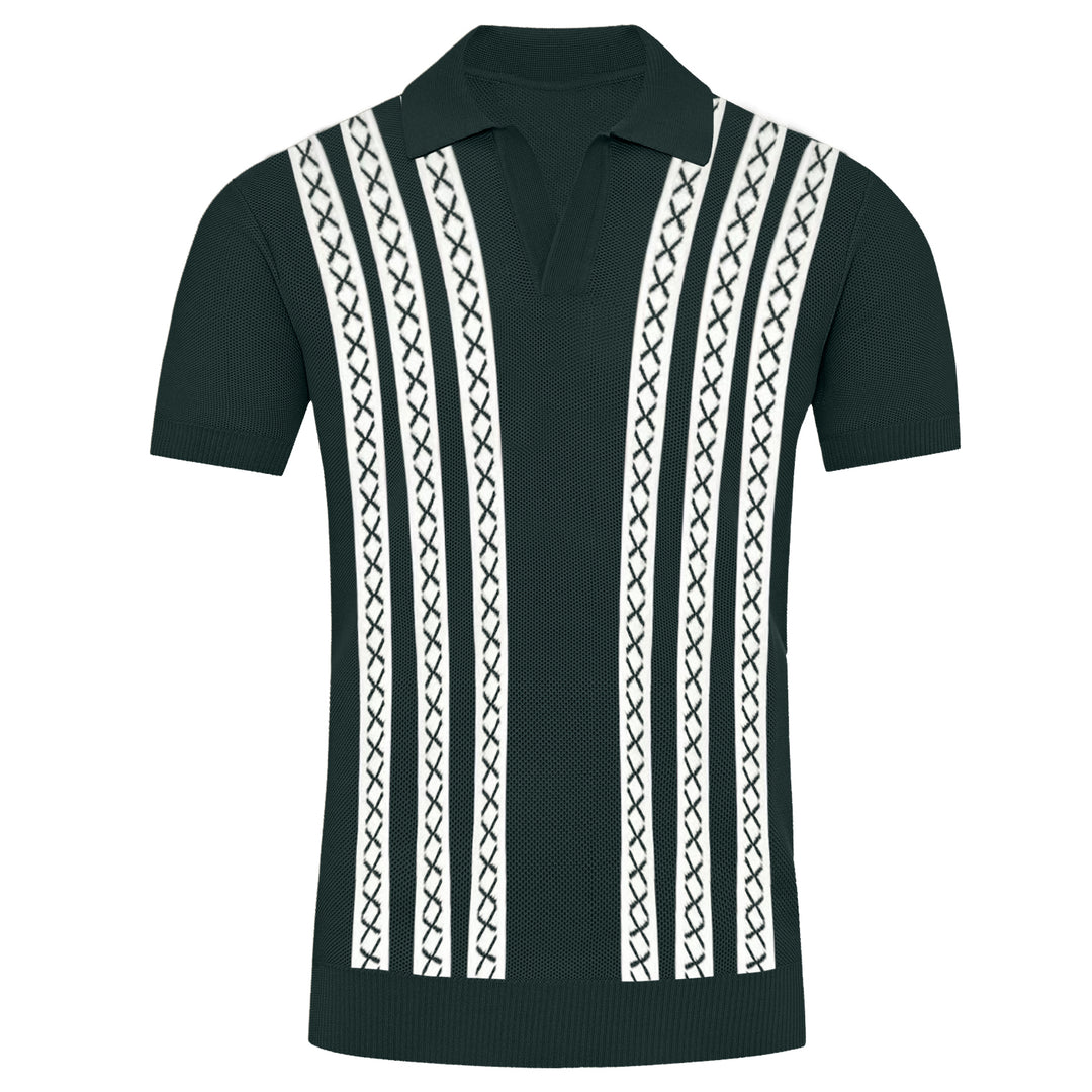 Men's dark green vintage knitted V-neck polo shirt
