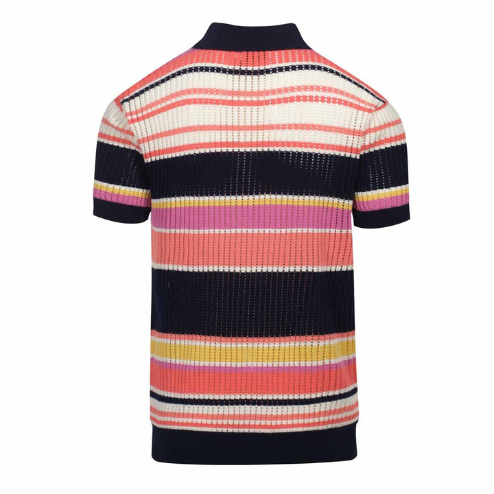 Pólo masculino de malha vazada com listras multicoloridas