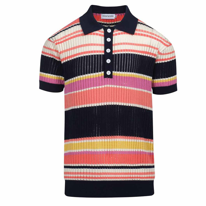 Pólo masculino de malha vazada com listras multicoloridas