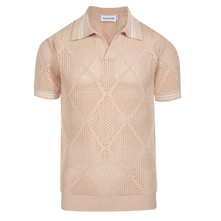 Men's apricot vintage skeletonized knitted V-neck polo