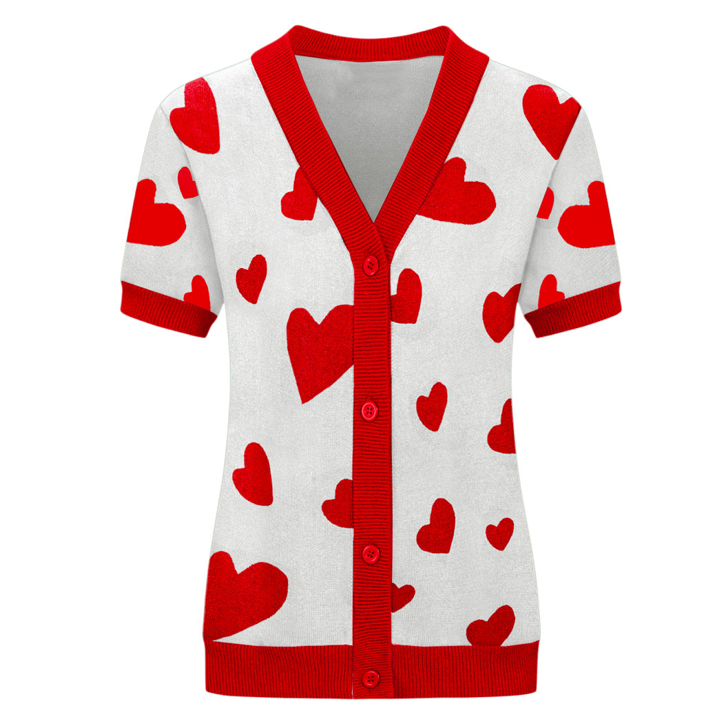 Women's love red jacquard vintage knit cardigan