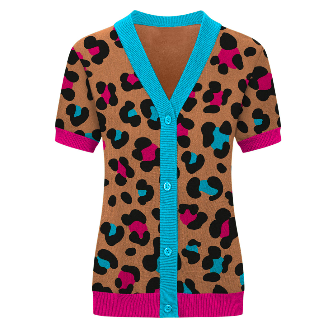Women's colored leopard print jacquard knitted cardigan