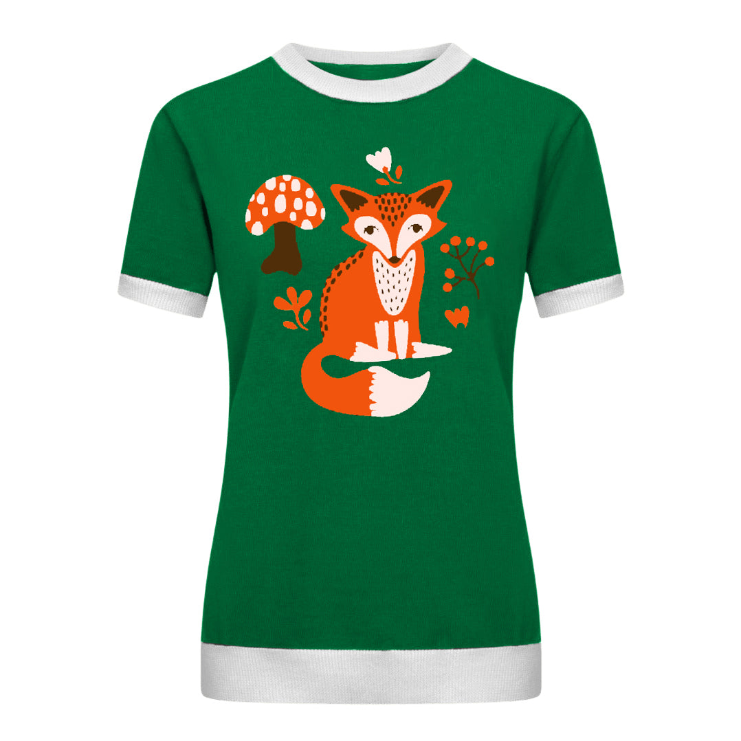 Women's Green vintage Fox Jacquard Knit T-shirt -Designed by Jessica Molina