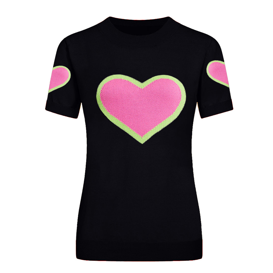 Women's black heart-shaped fashionable knitted T-shirt
