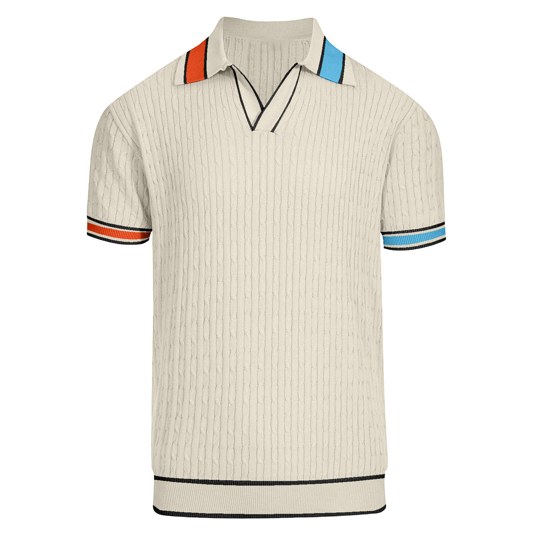 Witte abrikoos voor heren kleurcontrast gebreide v-neck poloshirt