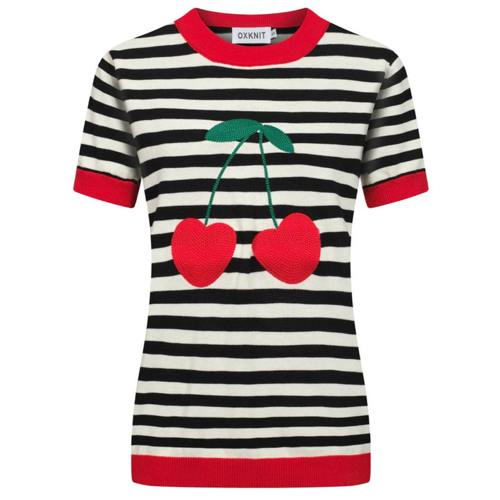 Women's black striped cherry embroidered knit T-shirt