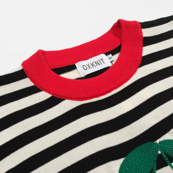 Women's black striped cherry embroidered knit T-shirt