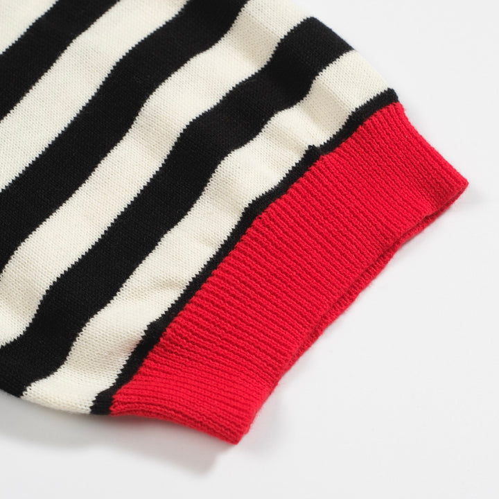Women's black striped cherry embroidered knit T-shirt