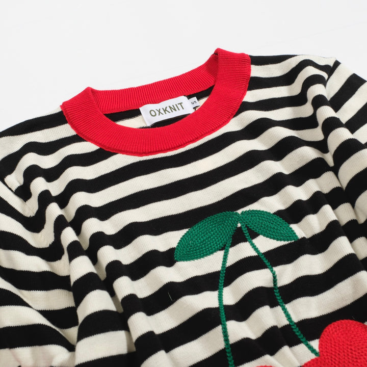 Women's black striped cherry embroidered knit T-shirt