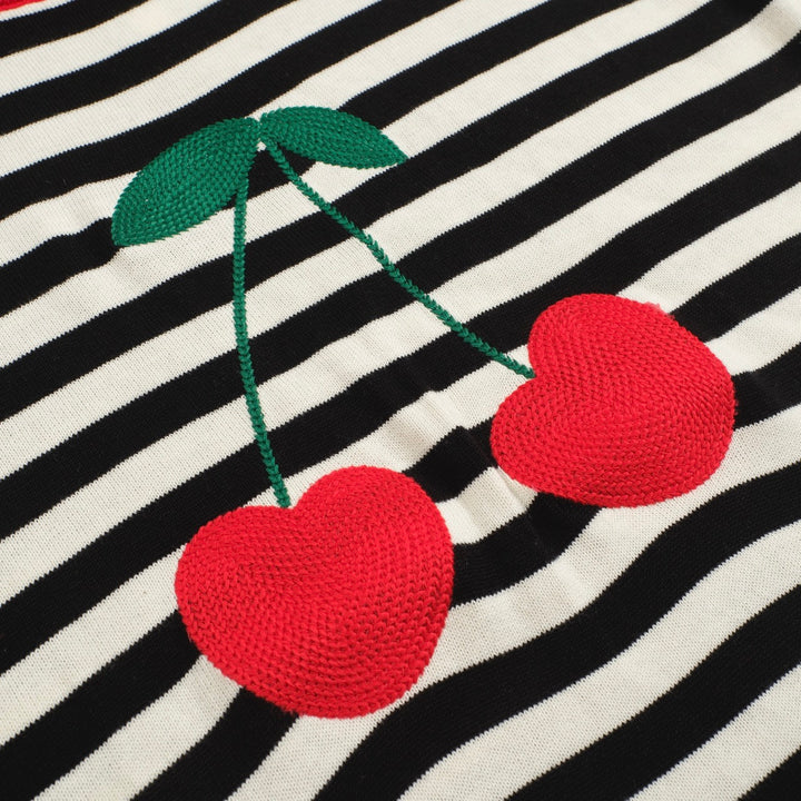 Women's black striped cherry embroidered knit T-shirt