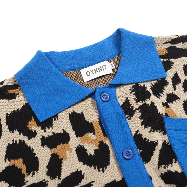 Men's vintage leopard print pocket jacquard cardigan