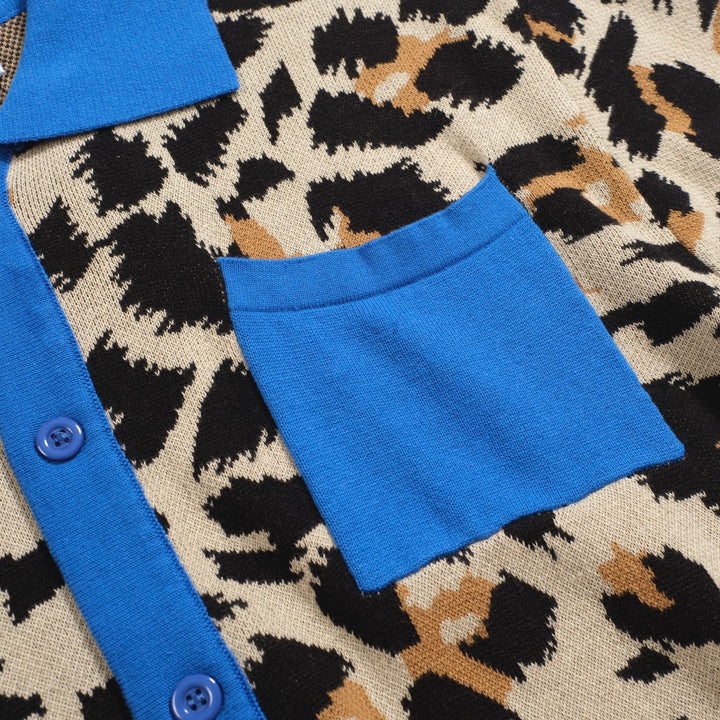 Men's vintage leopard print pocket jacquard cardigan