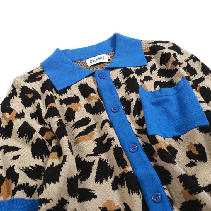 Men's vintage leopard print pocket jacquard cardigan