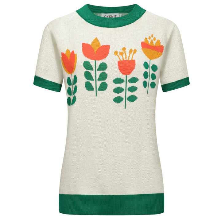 Women's white apricot flower knit T-shirt - Designed by Carrie Cantwell