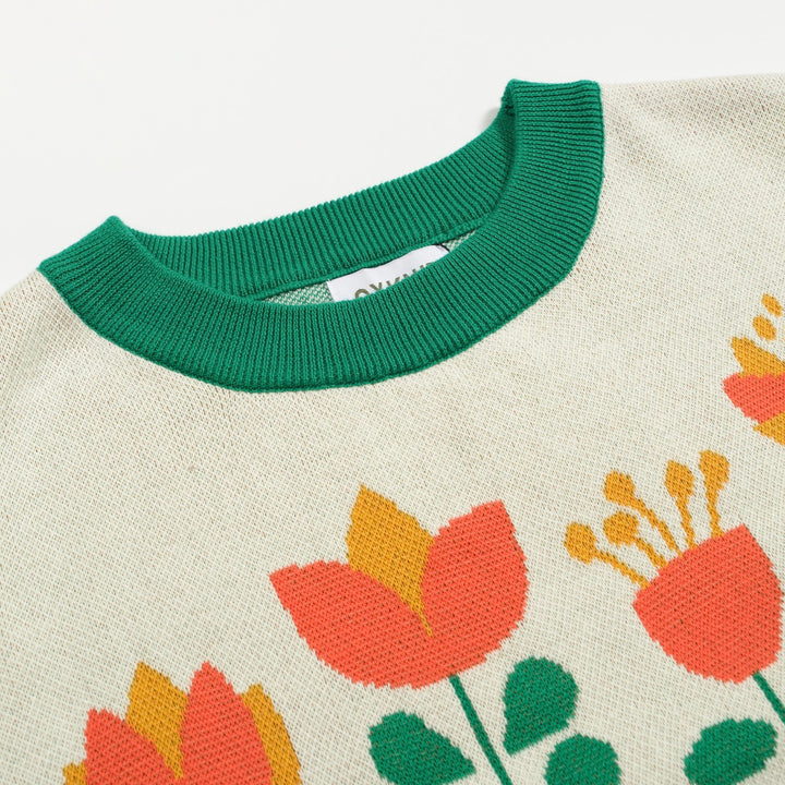 Women's white apricot flower knit T-shirt - Designed by Carrie Cantwell