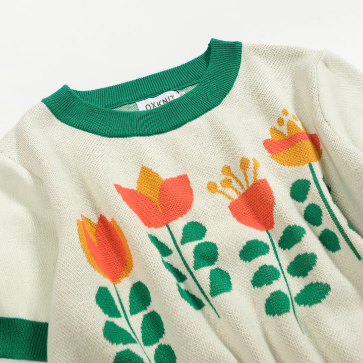 Women's white apricot flower knit T-shirt - Designed by Carrie Cantwell