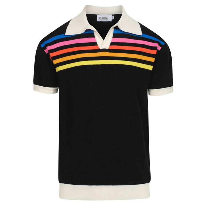 Men's black striped vintage V-neck knitted polo shirt