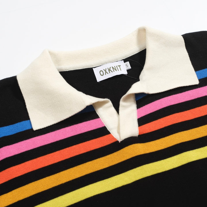 Men's black striped vintage V-neck knitted polo shirt