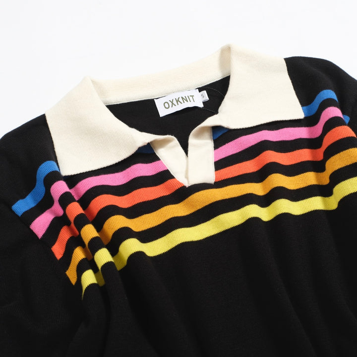Men's black striped vintage V-neck knitted polo shirt