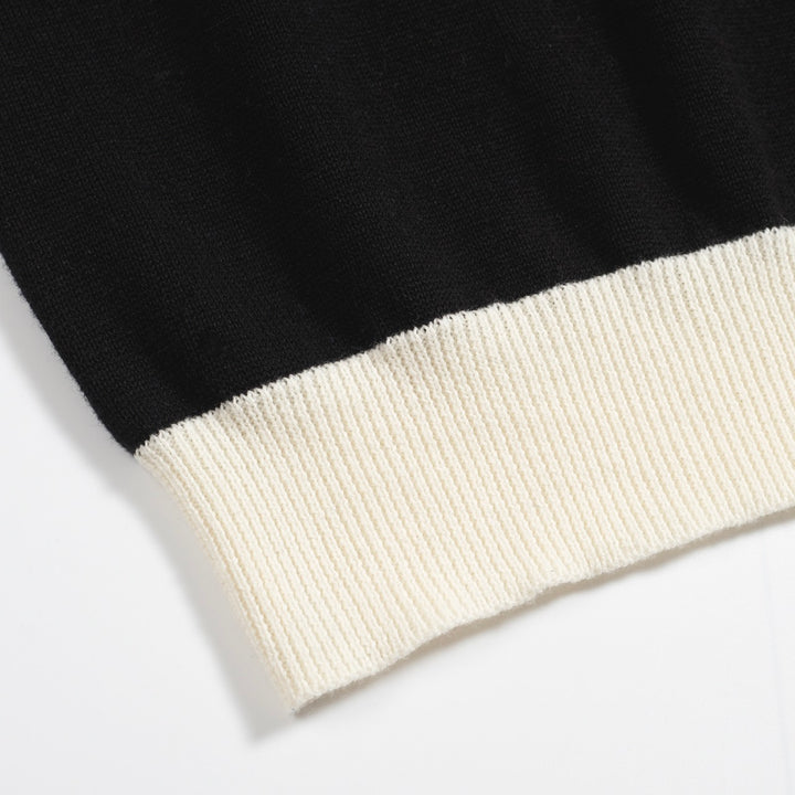 Men's black striped vintage V-neck knitted polo shirt