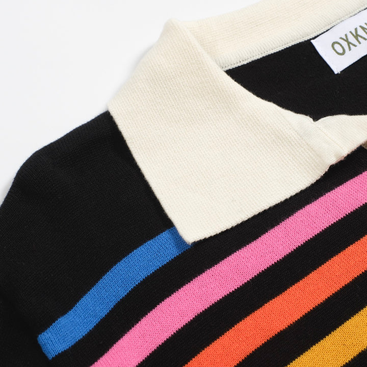 Men's black striped vintage V-neck knitted polo shirt