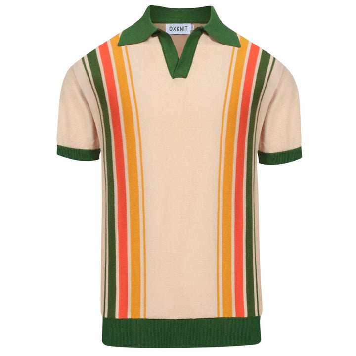 Men's green vintage striped V-neck knitted polo shirt