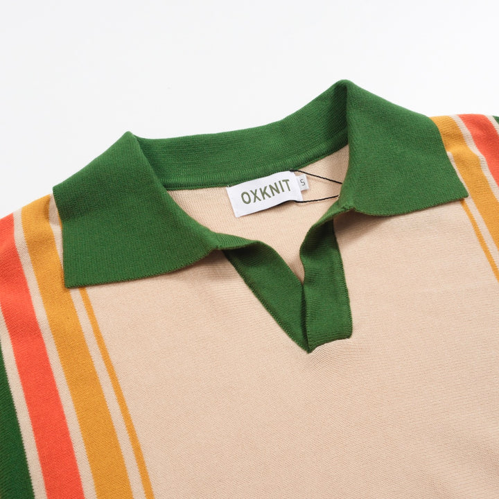 Men's green vintage striped V-neck knitted polo shirt