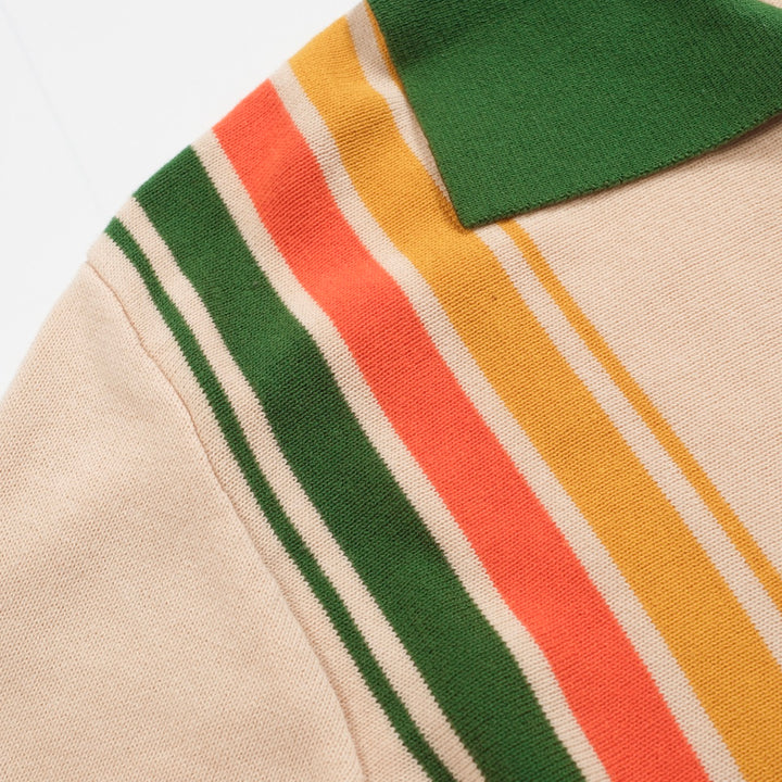 Men's green vintage striped V-neck knitted polo shirt