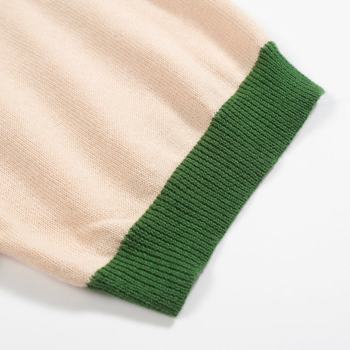 Men's green vintage striped V-neck knitted polo shirt