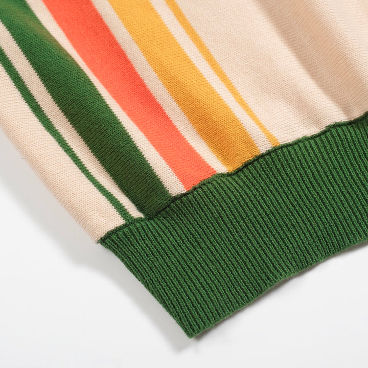 Men's green vintage striped V-neck knitted polo shirt