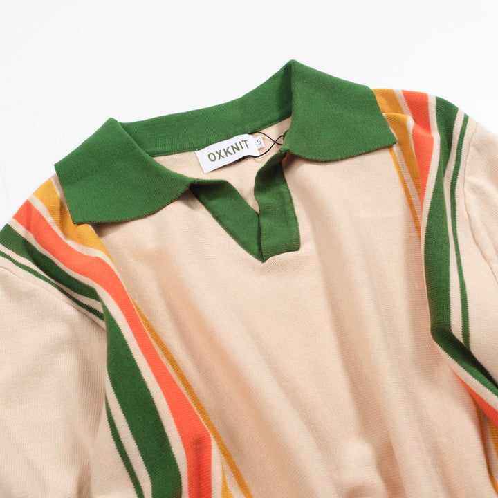 Men's green vintage striped V-neck knitted polo shirt