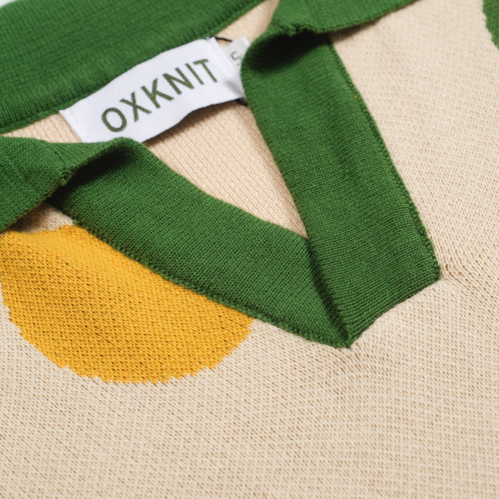 Polo masculino de malha verde com bolinhas e decote em V