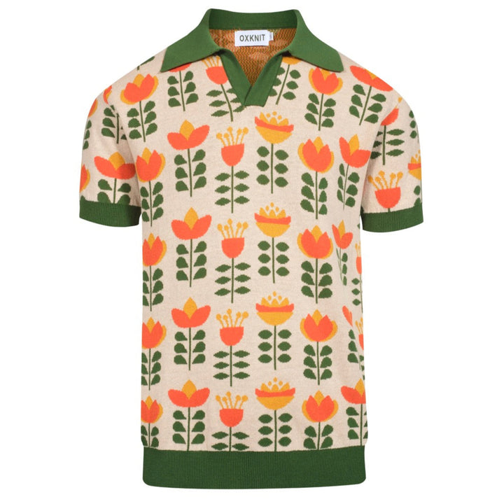 Men's green jacquard V-neck knit polo shirt - Designed by Carrie Cantwell