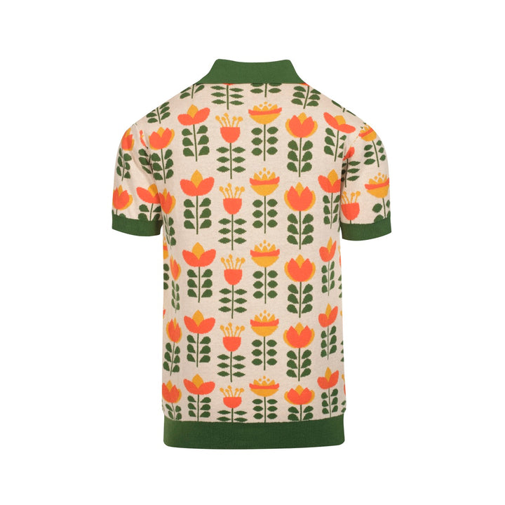 Men's green jacquard V-neck knit polo shirt - Designed by Carrie Cantwell