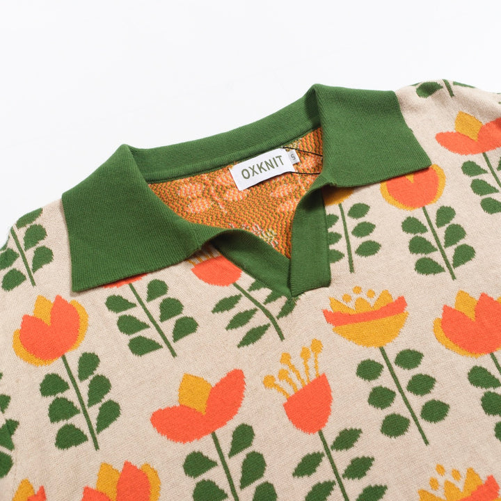 Men's green jacquard V-neck knit polo shirt - Designed by Carrie Cantwell