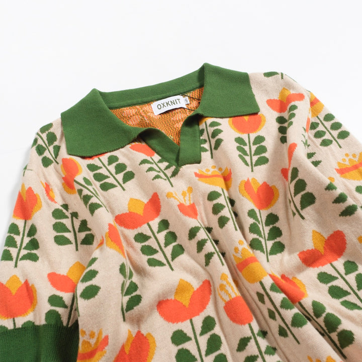 Men's green jacquard V-neck knit polo shirt - Designed by Carrie Cantwell