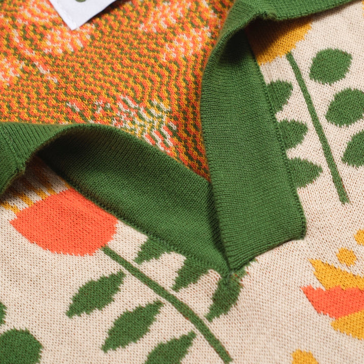 Men's green jacquard V-neck knit polo shirt - Designed by Carrie Cantwell