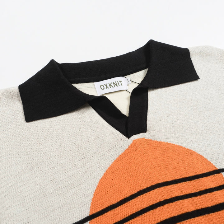 Men's black vintage art V-neck knitted polo shirt