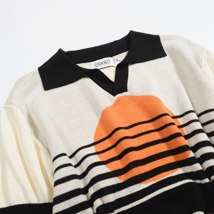 Men's black vintage art V-neck knitted polo shirt