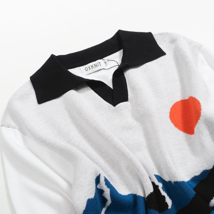 Men's white art vintage knit V-neck polo